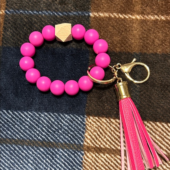 Vibrant Pink Beaded Bracelet with Tassel Keychain - Picture 1 of 8